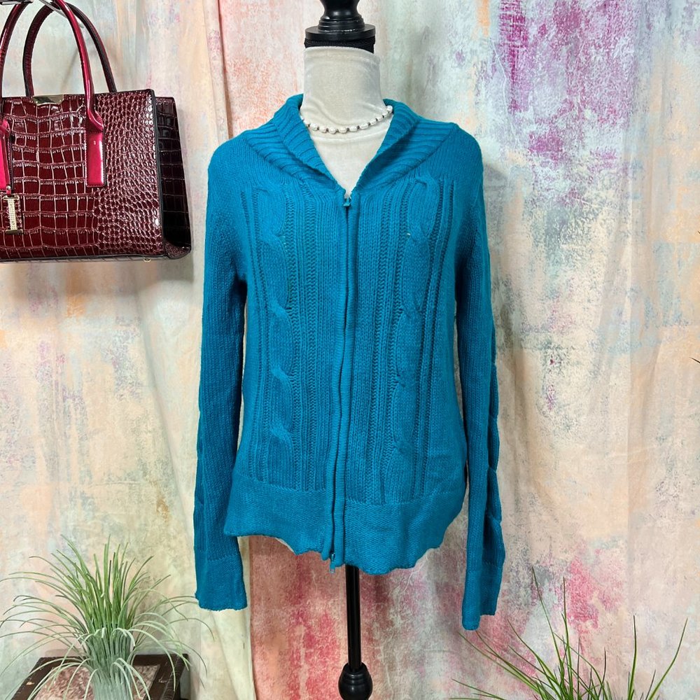 📌Carol Rose Turquoise 2-Way Zipper Acrylic Cable Pattern Long Sleeves Cardigan